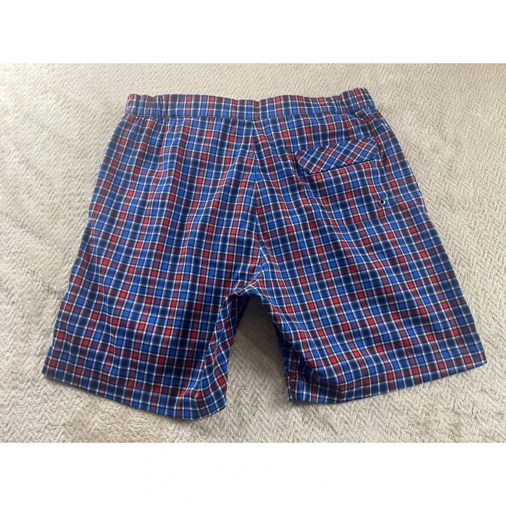 Hugo Boss Crocodile Shark Board Shorts Mens L Blue Red Plaid Mesh Built-In Brief